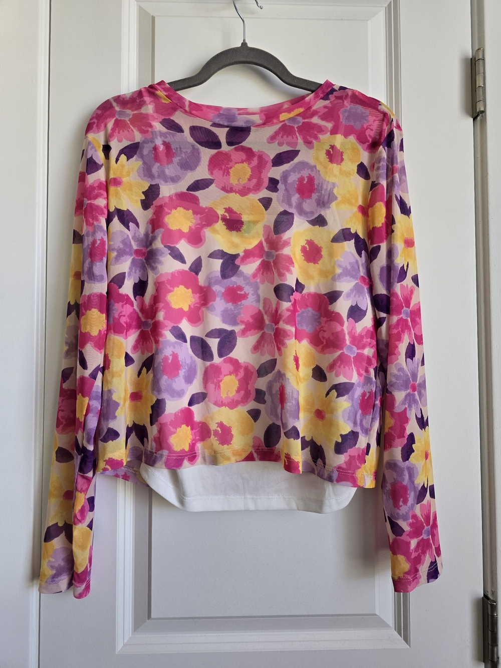 Colorful Floral Sheer Mesh Long Sleeve Top Y2K